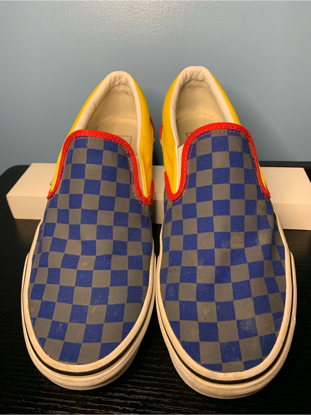 Vans Men’s Checkerboard Slip-Ons in Blue, Gray, Yellow & Red